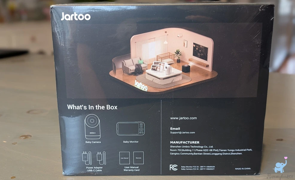 jartoo baby monitor back of the box specifications and model number